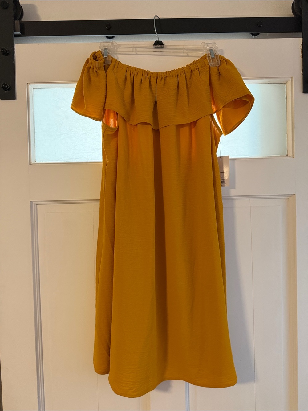 Nine West Mustard Off-Shoulder Ruffle Casual Dress